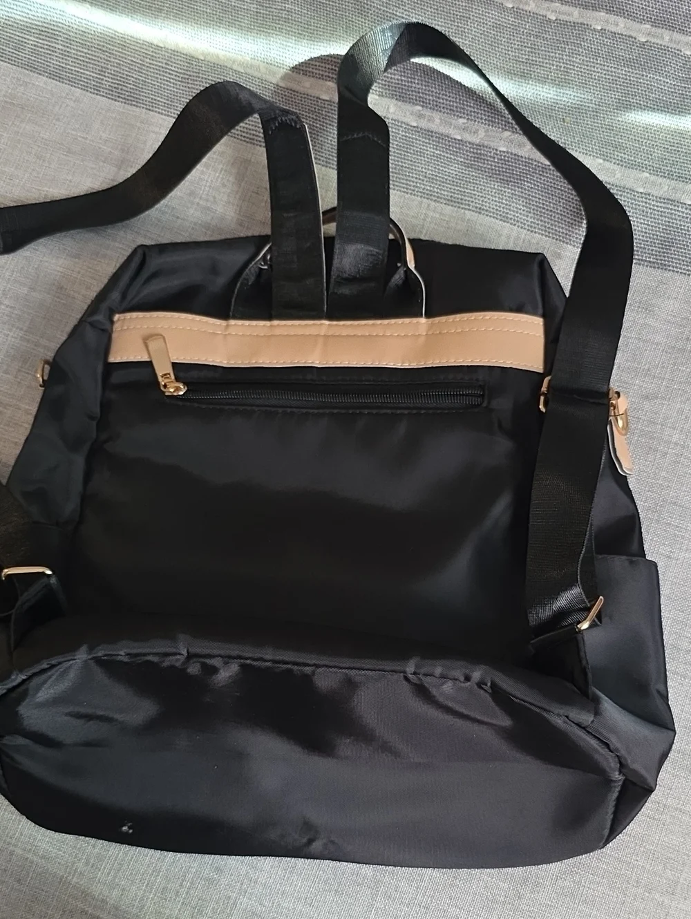 Black Women’s Nylon Backpack Handbag with Gold Accents